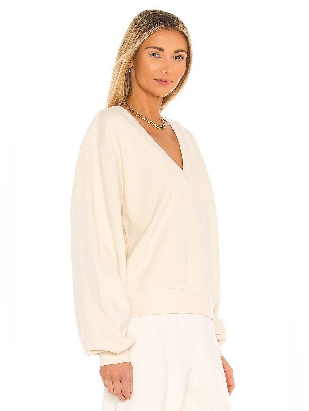 AGOLDE Low V-Neck Sweatshirt Medium Cream Ivory Heavyweight Pullover A7057 - Picture 6 of 14